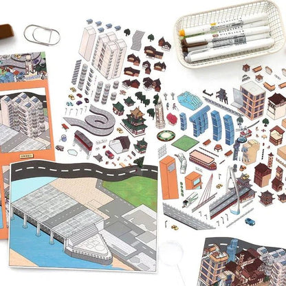 City scene building stickers, roads, and landmarks for scrapbook or journaling crafts