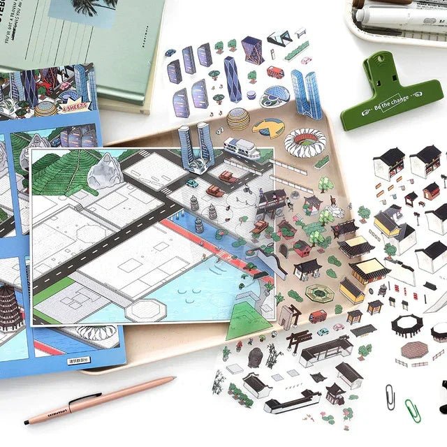 Miniature cityscape scene stickers with Asian architecture and landscape for journaling or scrapbooking.