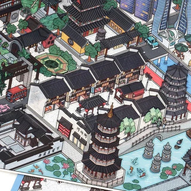 Colorful scene sticker featuring illustrated Chinese cityscape with traditional pagodas, shops, and pond.