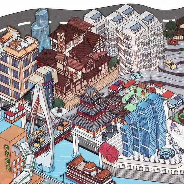 Colorful cityscape sticker featuring modern buildings, traditional pagodas, bridge, and river