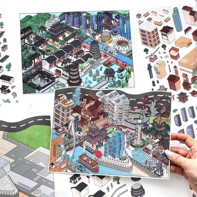 Colorful city scene stickers with buildings, landmarks, and roads for journaling or scrapbooking.