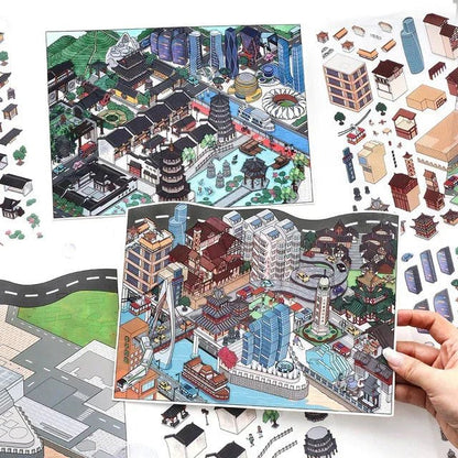 Colorful city scene stickers with buildings, landmarks, and roads for journaling or scrapbooking.