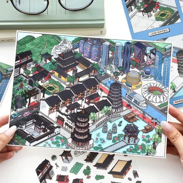Colorful scene sticker sheet with illustrated city landmarks, temples, and miniature buildings.