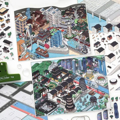 Colorful miniature city scene stickers with buildings, bridges, boats and urban landscapes for journaling and scrapbooking.