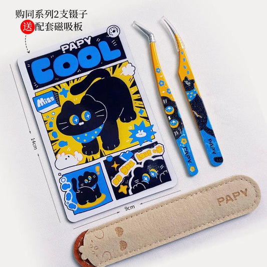 Black Cat Embossed Tweezers Cat and Fish Cat Eye Blossom - S - JoyJollyCrafts