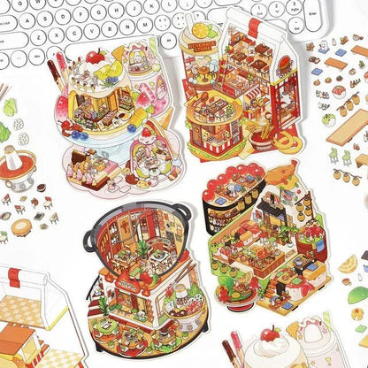Colorful food-themed miniature scene stickers featuring sushi, burgers, desserts, and hotpot.