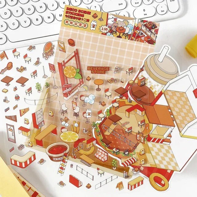 Cute fast food restaurant scene stickers with burger, drink, and mini tables for journaling crafts