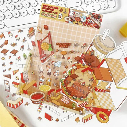 Cute fast food restaurant scene stickers with burger, drink, and mini tables for journaling crafts