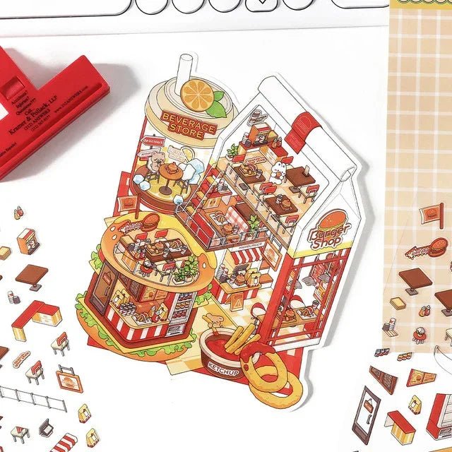 Cute burger shop and beverage store miniature scene sticker with food and tiny furniture details.