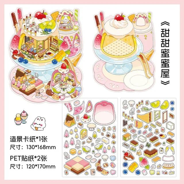 Cute miniature dessert shop scene stickers with cakes, sweets, and colorful treats for journaling.