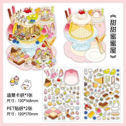 Cute miniature dessert shop scene stickers with cakes, sweets, and colorful treats for journaling.