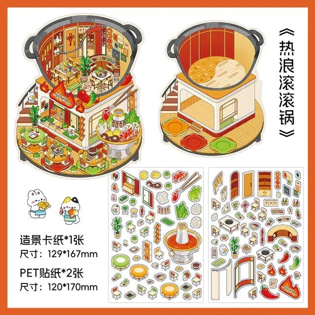 Miniature hotpot restaurant scene sticker kit with cute food and kitchen decor stickers.