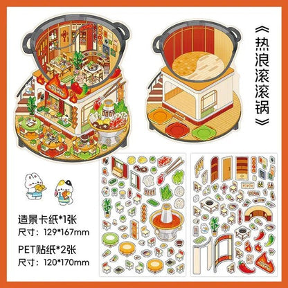 Miniature hotpot restaurant scene sticker kit with cute food and kitchen decor stickers.