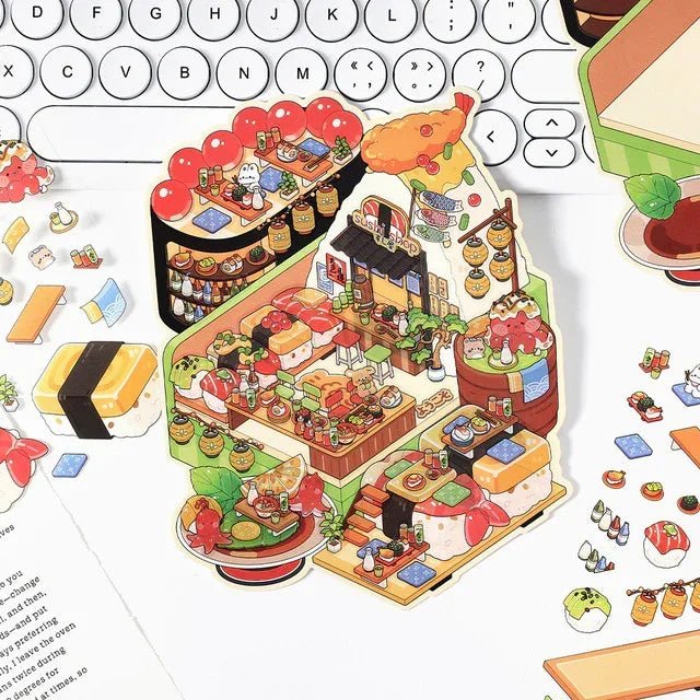 Cute miniature sushi shop scene stickers with colorful food and kawaii details for journaling