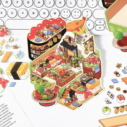 Cute miniature sushi shop scene stickers with colorful food and kawaii details for journaling