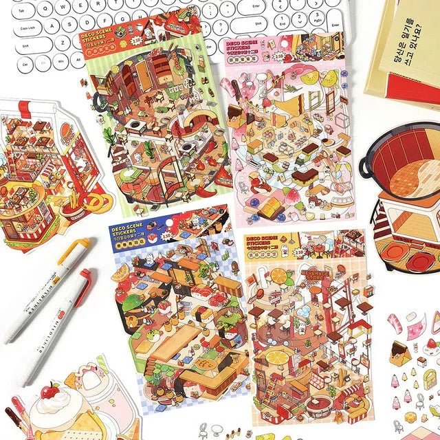 Colorful deco scene stickers with cute food, restaurant, and miniature cafe illustrations for journaling.