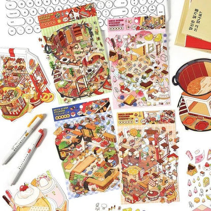 Colorful deco scene stickers with cute food, restaurant, and miniature cafe illustrations for journaling.