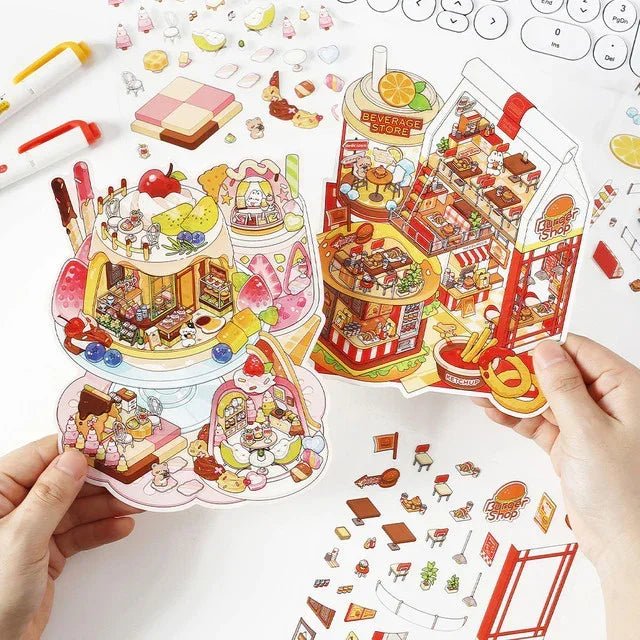 Colorful food-themed scene stickers featuring miniature burger shop, sweet treats, and sushi designs.