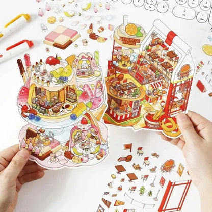 Colorful food-themed scene stickers featuring miniature burger shop, sweet treats, and sushi designs.