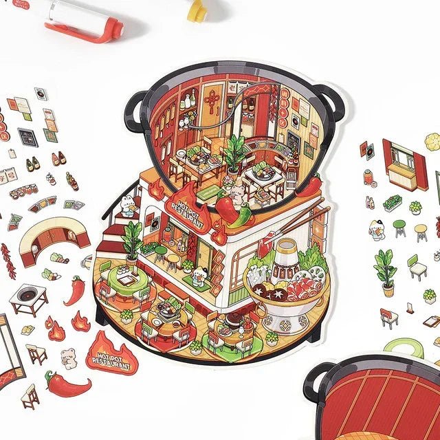 Cute hotpot restaurant miniature sticker scene with food, chili peppers, and tiny decor pieces