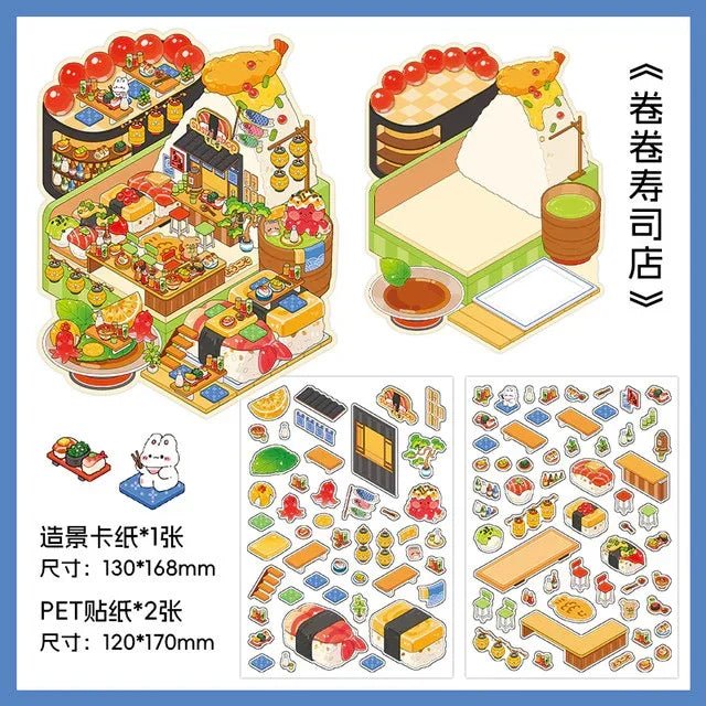 Cute sushi shop scene sticker set with vibrant food, drinks, and miniature decor elements.
