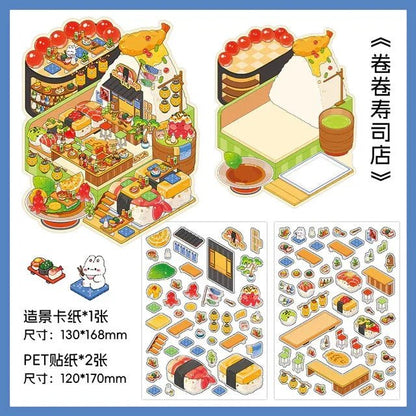 Cute sushi shop scene sticker set with vibrant food, drinks, and miniature decor elements.