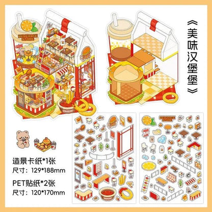 Colorful fast food-themed scene sticker set with burger shop, drink stand, fries, and mini food stickers.