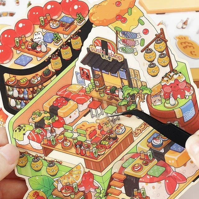 Colorful kawaii sushi shop and food market scene sticker sheet with cute miniature details