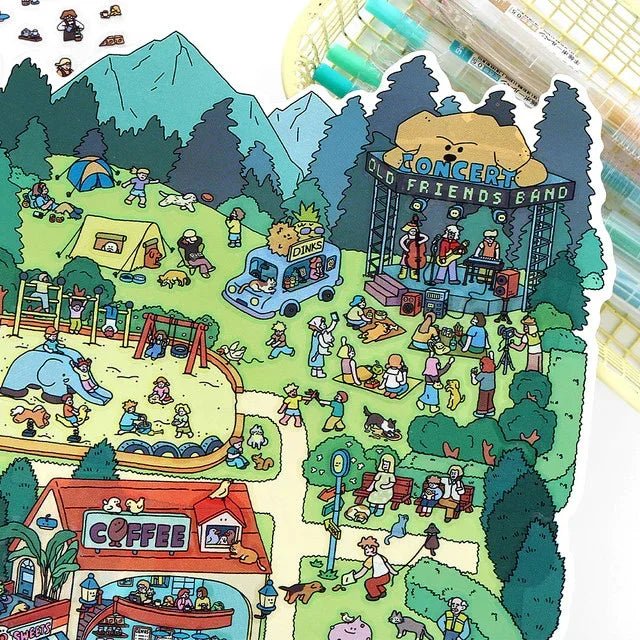 Colorful illustrated park scene sticker with playful characters, concert stage, playground, and trees.