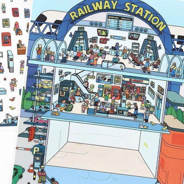 Colorful cartoon sticker sheet featuring a busy railway station with shops and passengers.