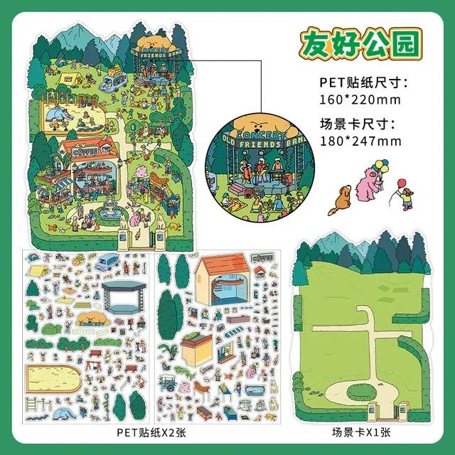 Illustrated park scene sticker set with miniature characters, outdoor concert, and train station.