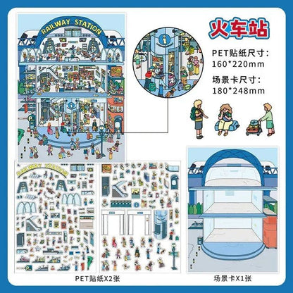 Cute railway station scene sticker set with illustrated characters, ticket booths, and trains