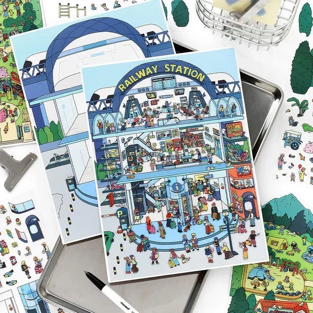 Colorful scene sticker sheet featuring a busy cartoon railway station with people and shops