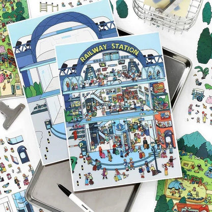 Colorful scene sticker sheet featuring a busy cartoon railway station with people and shops