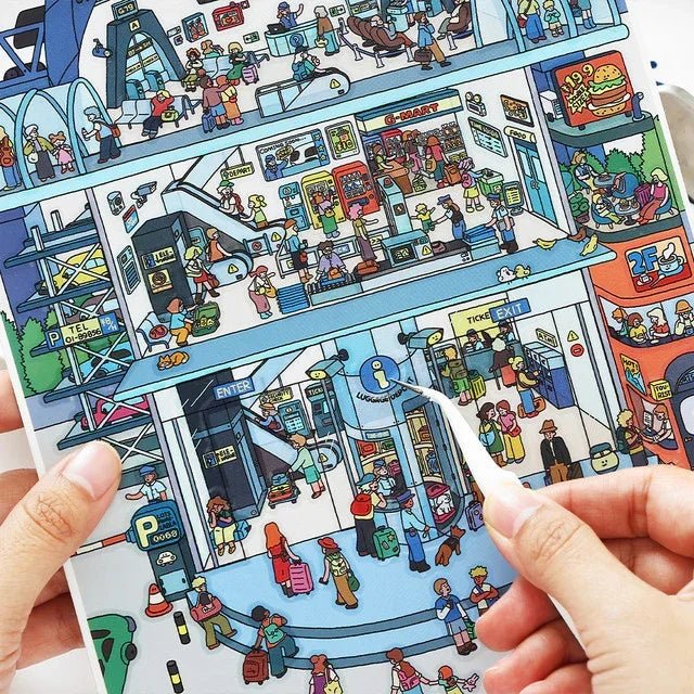 Colorful train station scene sticker sheet with detailed cartoon people and shops