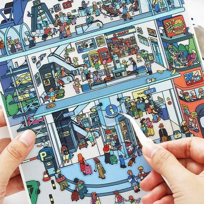 Colorful train station scene sticker sheet with detailed cartoon people and shops