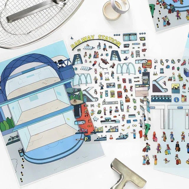 Miniature railway station scene and people stickers for journaling and scrapbooking crafts