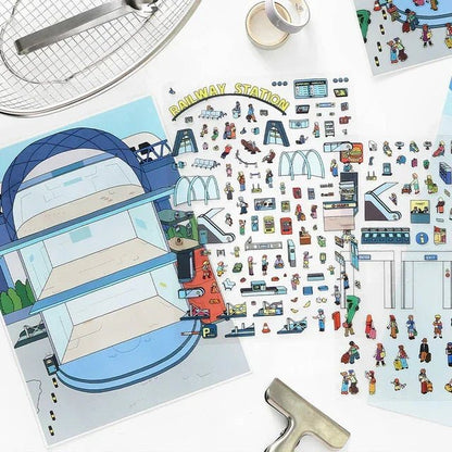 Miniature railway station scene and people stickers for journaling and scrapbooking crafts