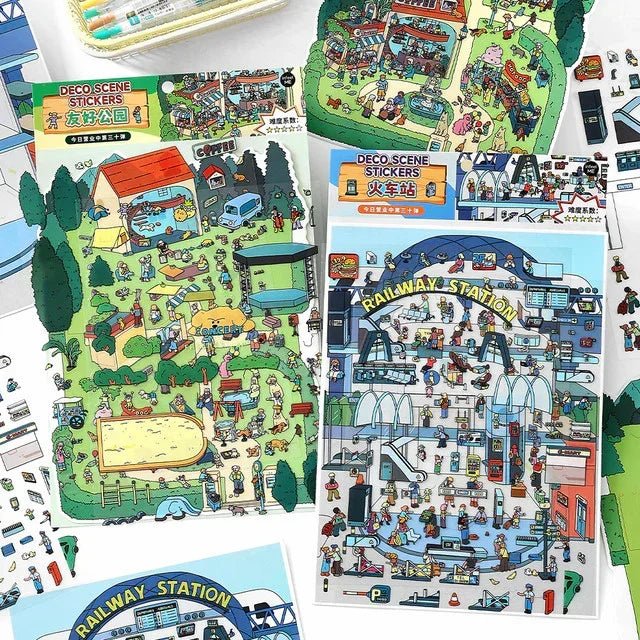 Colorful deco scene stickers featuring a railway station, park, and lively miniature worlds.