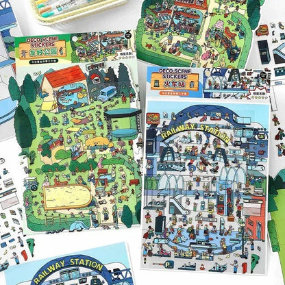 Colorful deco scene stickers featuring a railway station, park, and lively miniature worlds.