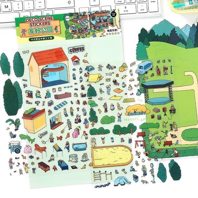 Miniature park scene stickers with buildings, trees, people, and a green landscape sheet