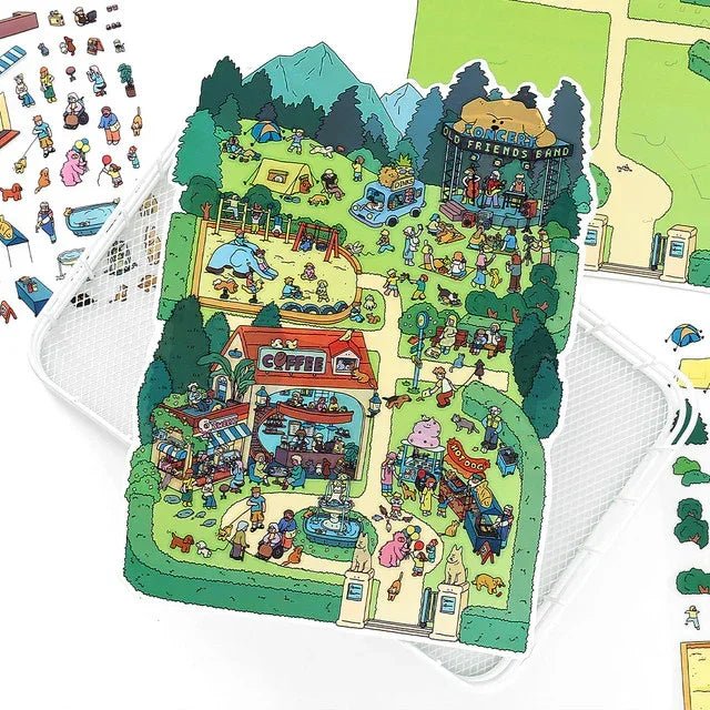 Cute illustrated park sticker sheet with coffee shop, playground, concert stage, and food stalls.