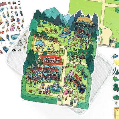 Cute illustrated park sticker sheet with coffee shop, playground, concert stage, and food stalls.