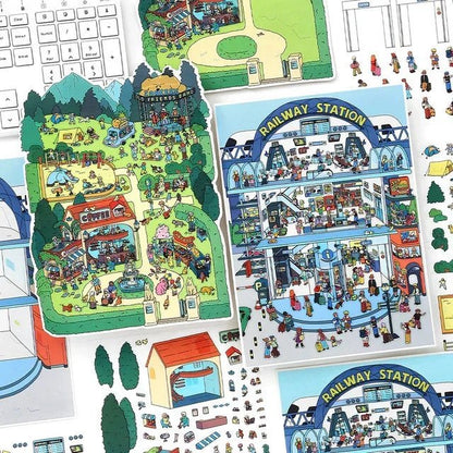 Colorful miniature scene stickers featuring a park and busy railway station for journaling.