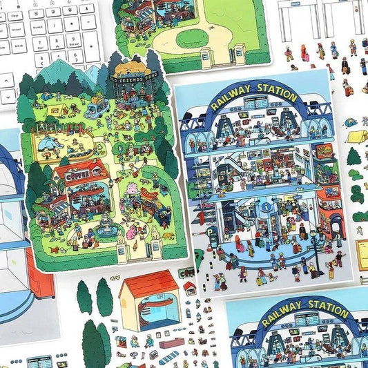 Colorful miniature scene stickers featuring a park and busy railway station for journaling.