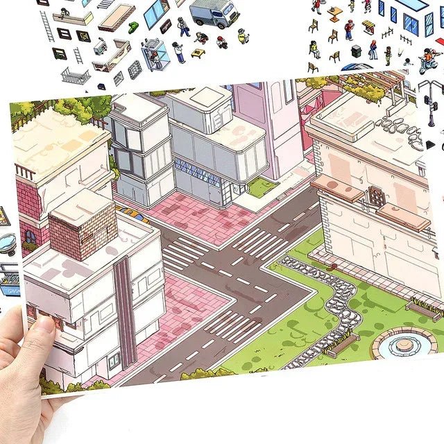 Colorful scene sticker sheet with illustrated city buildings, street, and park for journaling.