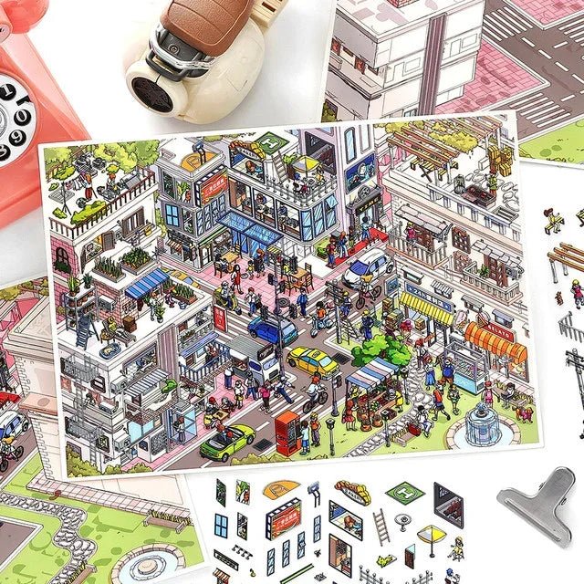 Colorful miniature city scene sticker sheet with busy streets, cars, shops, and people.