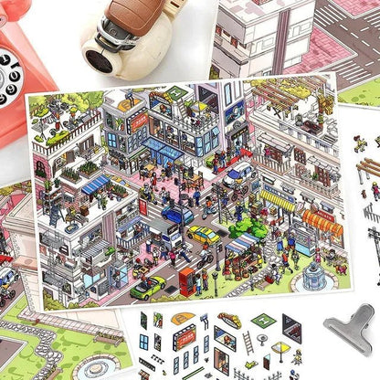 Colorful miniature city scene sticker sheet with busy streets, cars, shops, and people.