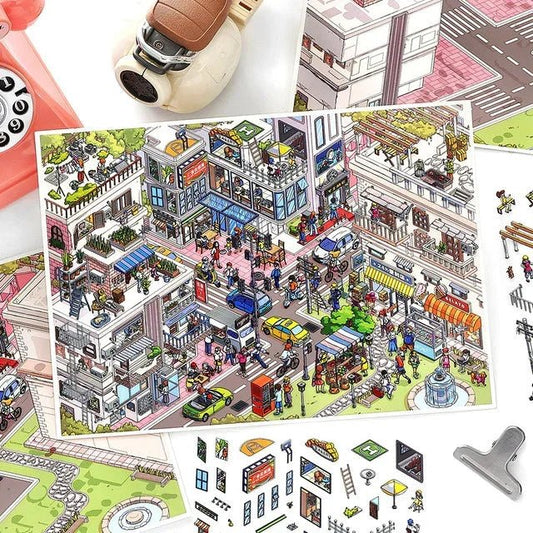 Colorful miniature city scene sticker sheet with busy streets, cars, shops, and people.