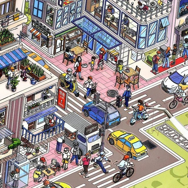 Colorful busy town illustration with people, cars, shops, and lively street activity